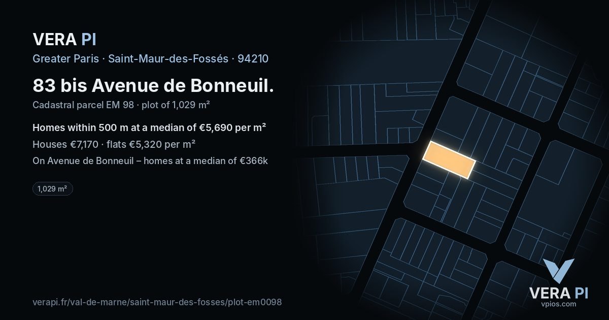 83 bis Avenue de Bonneuil, Saint-Maur-des-Fossés at night – the plot lit, the parcels around coloured by the prices near them