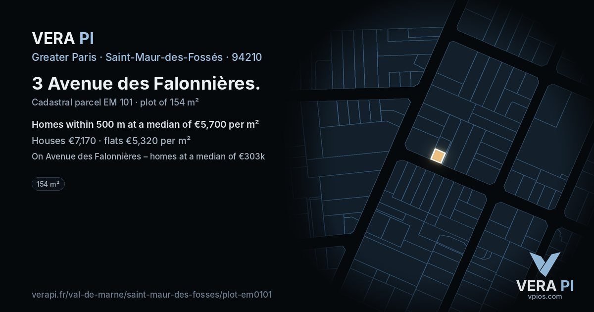 3 Avenue des Falonnières, Saint-Maur-des-Fossés at night – the plot lit, the parcels around coloured by the prices near them