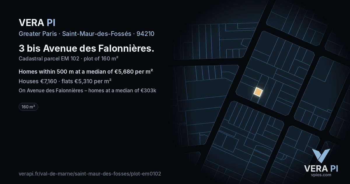 3 bis Avenue des Falonnières, Saint-Maur-des-Fossés at night – the plot lit, the parcels around coloured by the prices near them