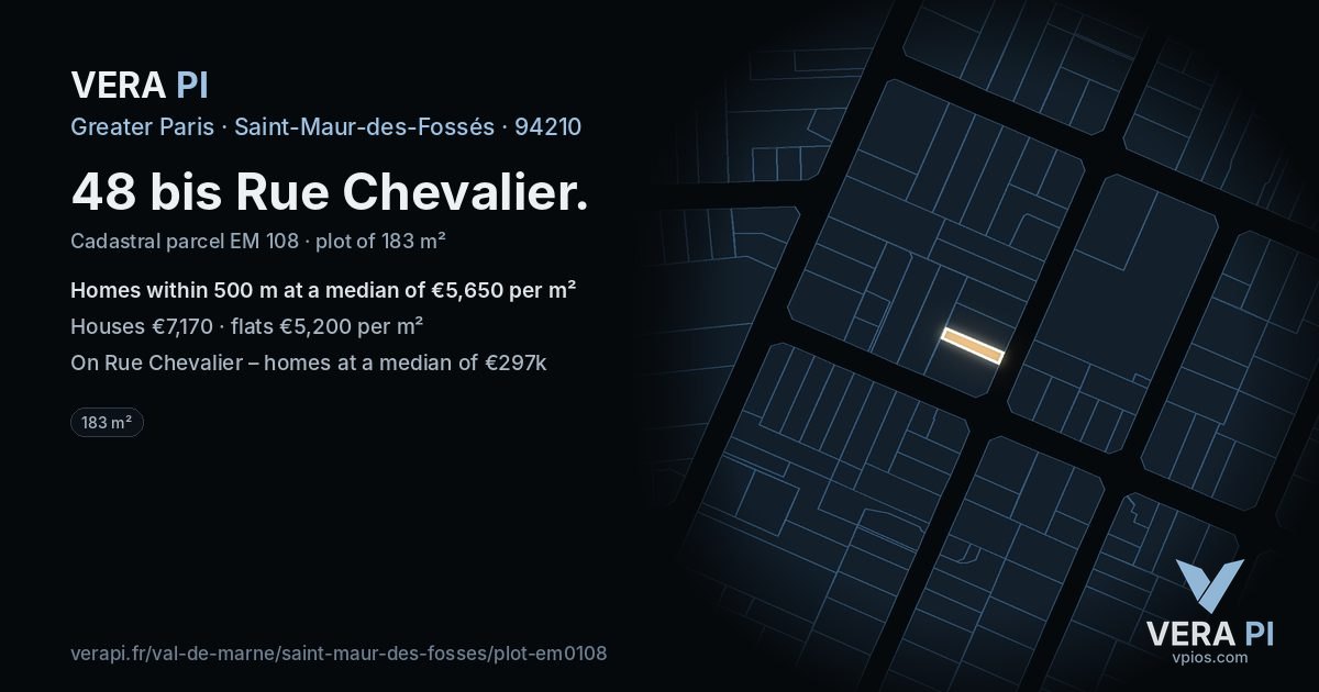 48 bis Rue Chevalier, Saint-Maur-des-Fossés at night – the plot lit, the parcels around coloured by the prices near them