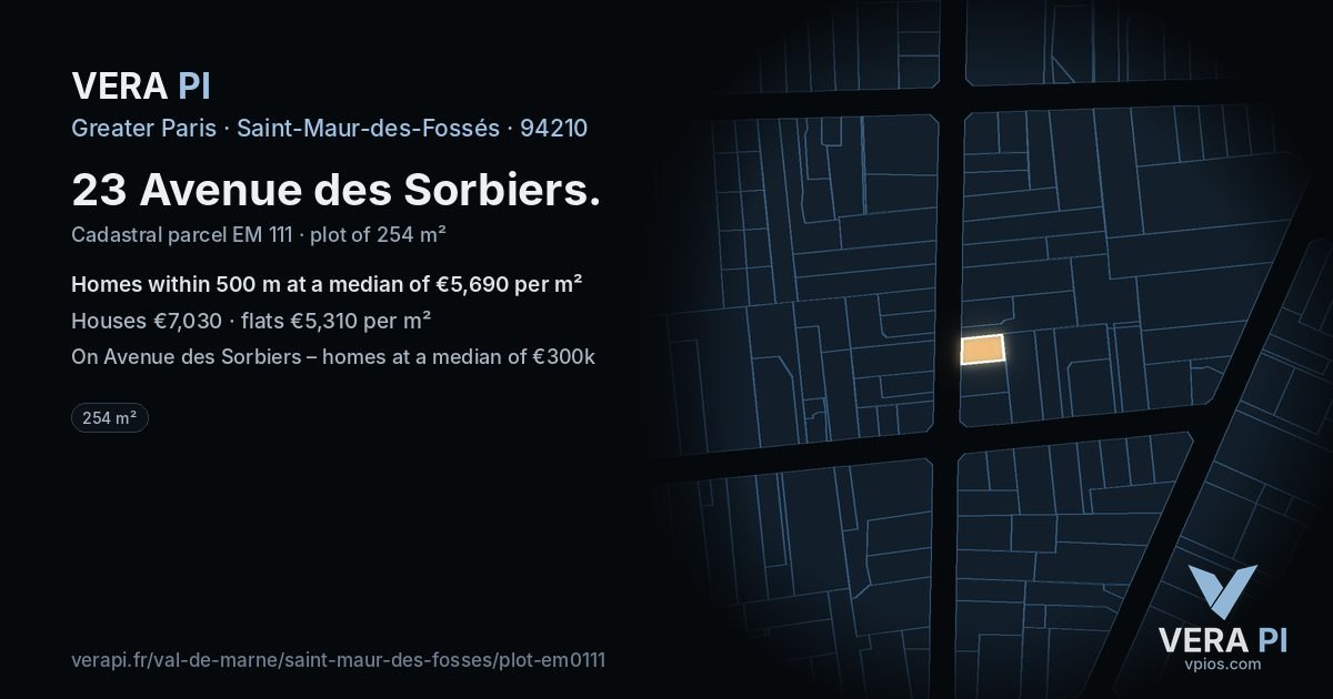23 Avenue des Sorbiers, Saint-Maur-des-Fossés at night – the plot lit, the parcels around coloured by the prices near them