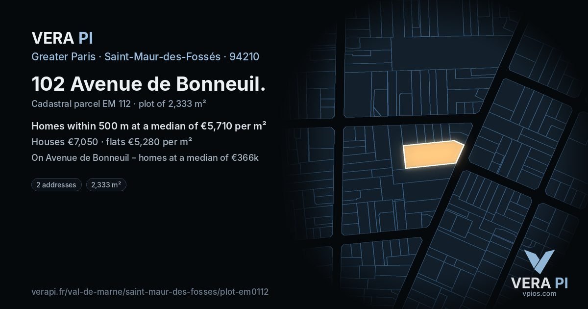 102 Avenue de Bonneuil, Saint-Maur-des-Fossés at night – the plot lit, the parcels around coloured by the prices near them
