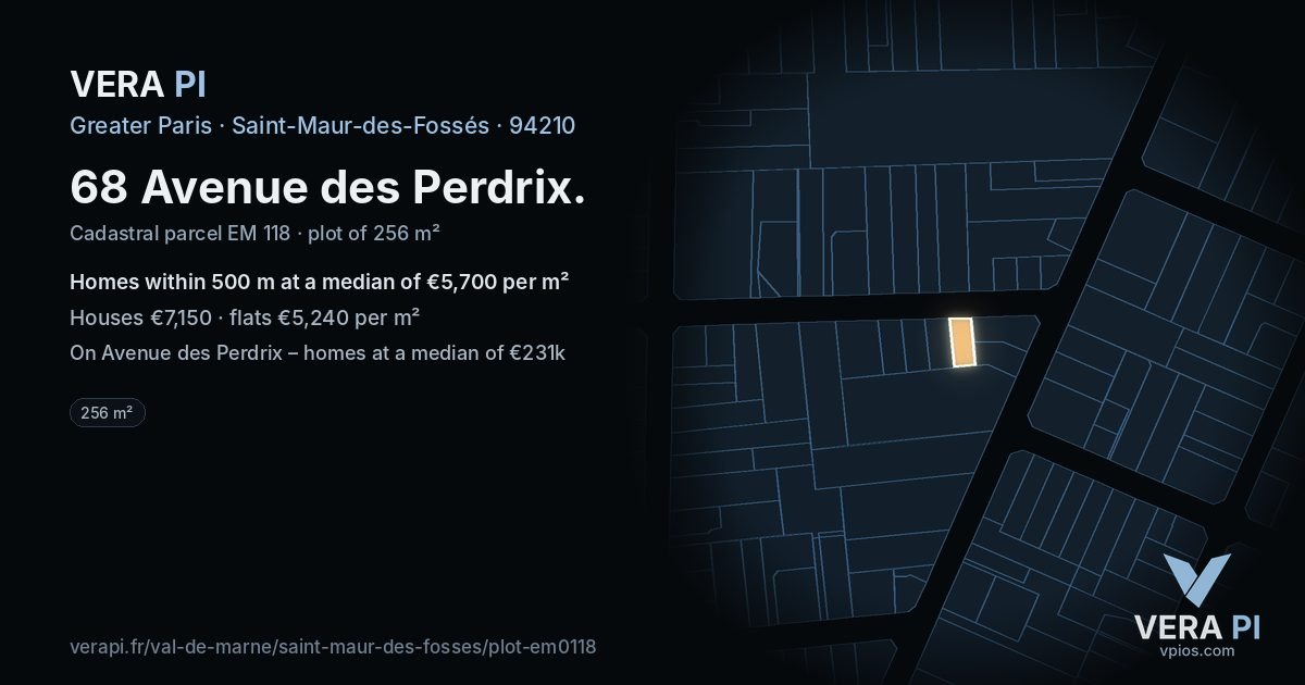 68 Avenue des Perdrix, Saint-Maur-des-Fossés at night – the plot lit, the parcels around coloured by the prices near them