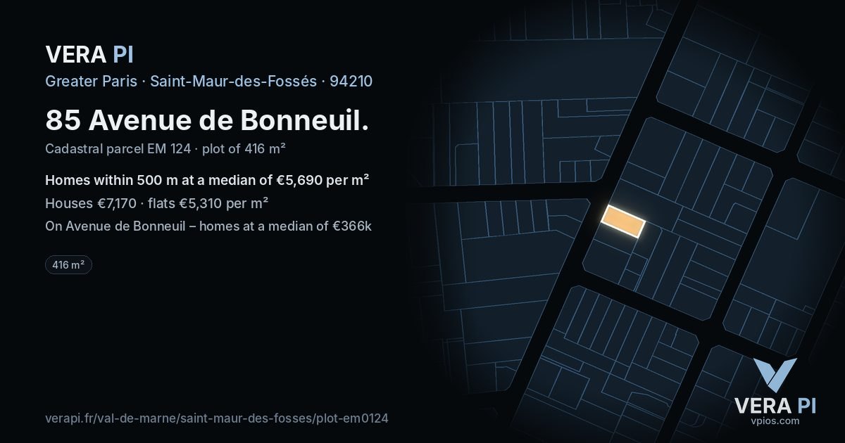 85 Avenue de Bonneuil, Saint-Maur-des-Fossés at night – the plot lit, the parcels around coloured by the prices near them