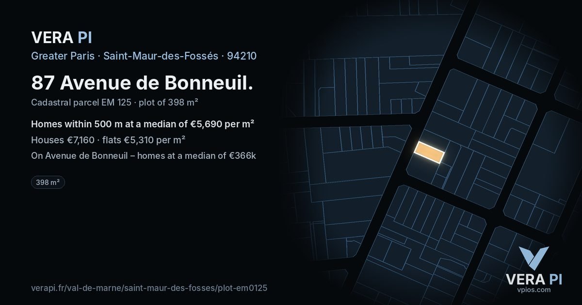 87 Avenue de Bonneuil, Saint-Maur-des-Fossés at night – the plot lit, the parcels around coloured by the prices near them
