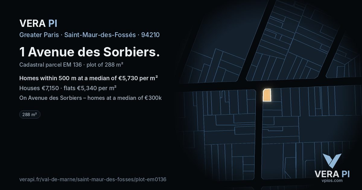 1 Avenue des Sorbiers, Saint-Maur-des-Fossés at night – the plot lit, the parcels around coloured by the prices near them