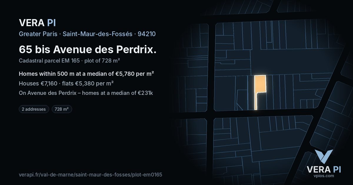 65 bis Avenue des Perdrix, Saint-Maur-des-Fossés at night – the plot lit, the parcels around coloured by the prices near them