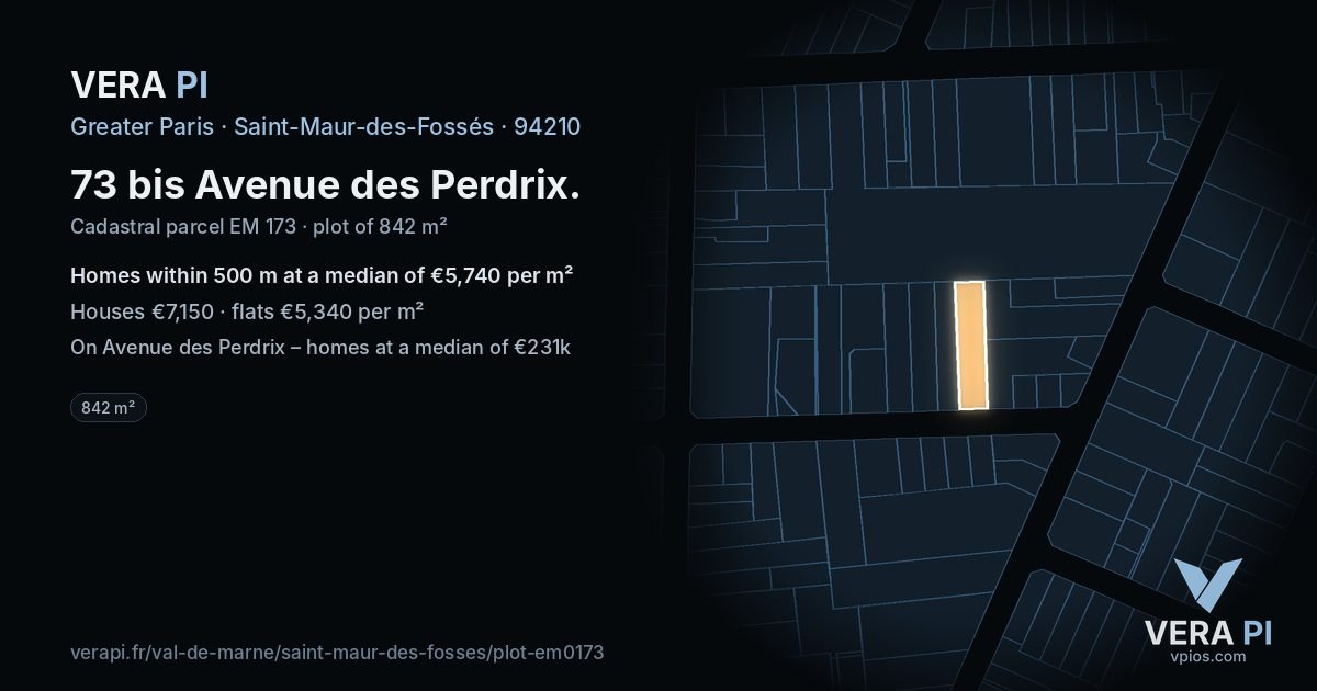 73 bis Avenue des Perdrix, Saint-Maur-des-Fossés at night – the plot lit, the parcels around coloured by the prices near them