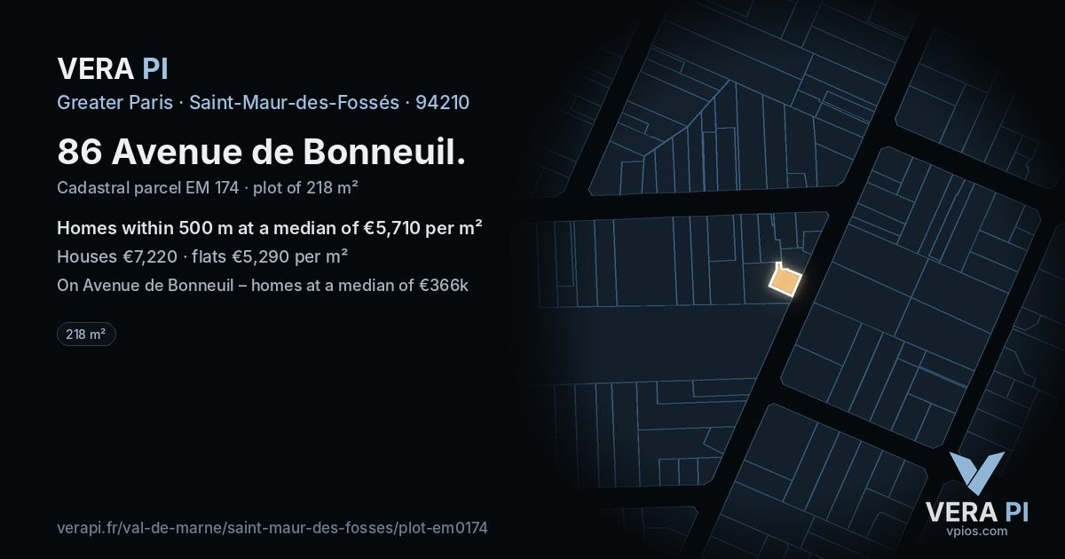 86 Avenue de Bonneuil, Saint-Maur-des-Fossés at night – the plot lit, the parcels around coloured by the prices near them
