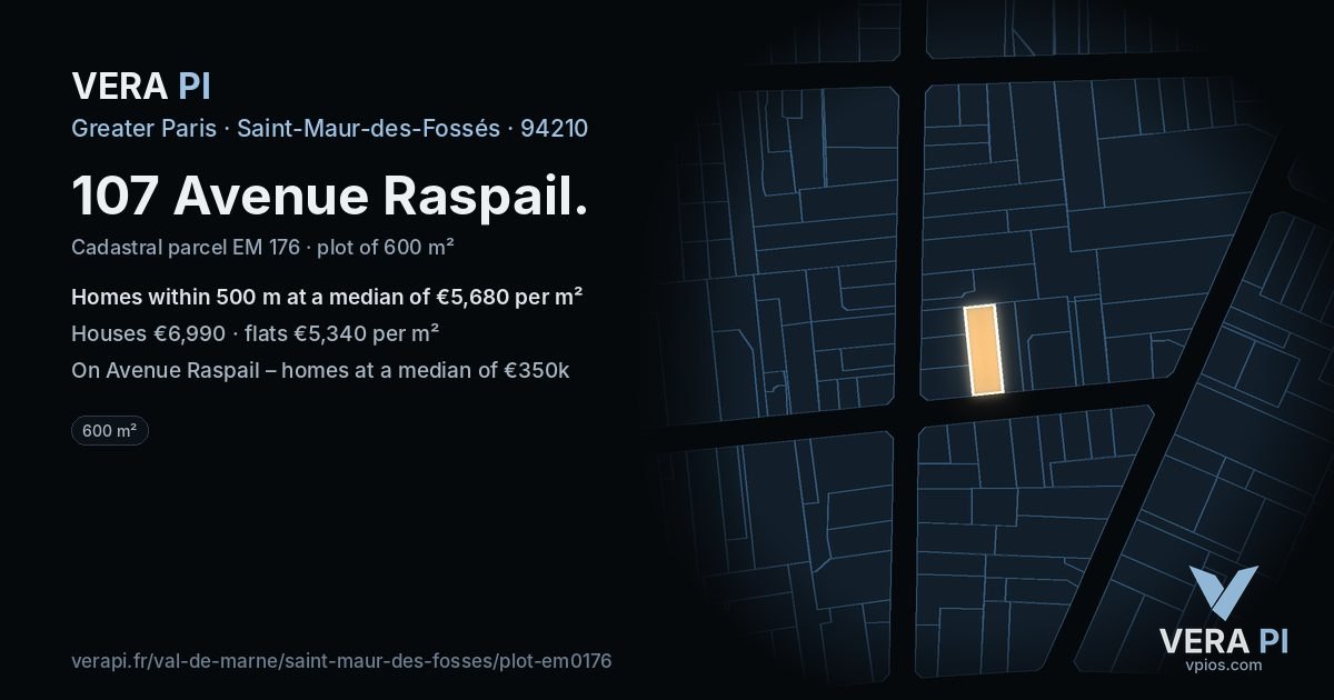 107 Avenue Raspail, Saint-Maur-des-Fossés at night – the plot lit, the parcels around coloured by the prices near them