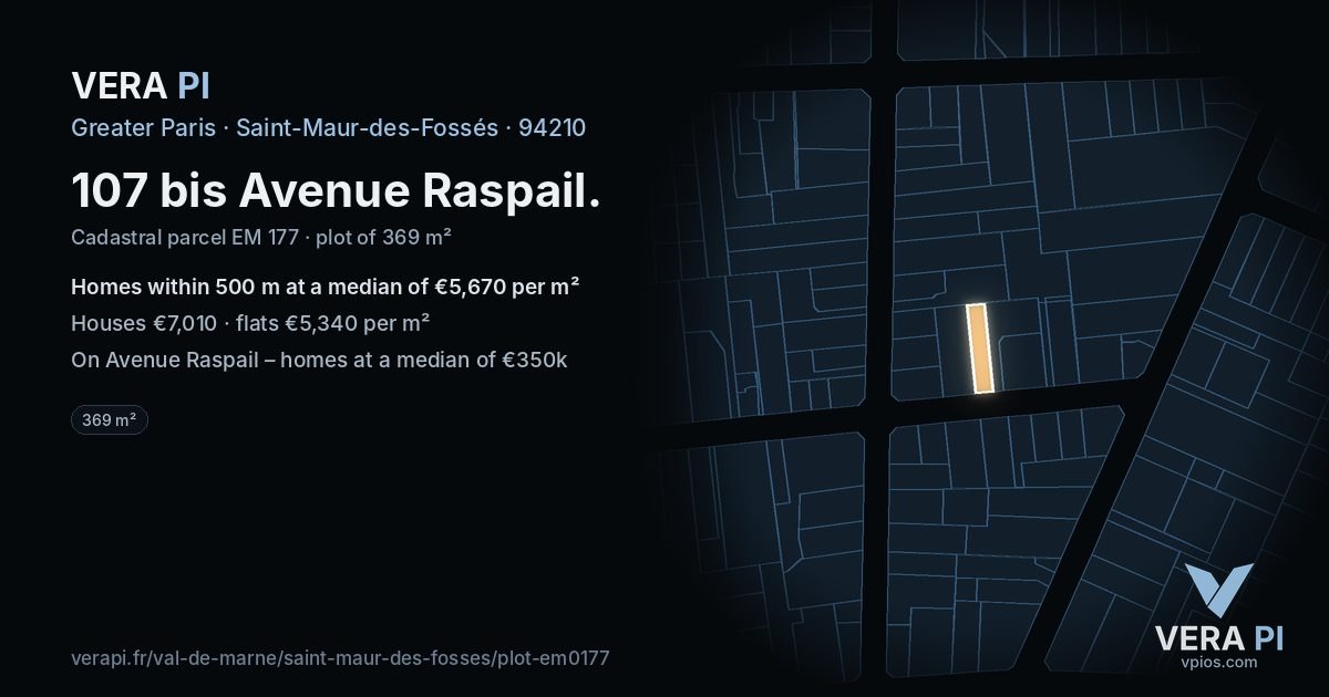 107 bis Avenue Raspail, Saint-Maur-des-Fossés at night – the plot lit, the parcels around coloured by the prices near them