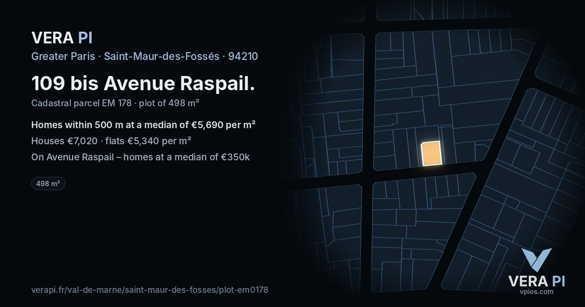 109 bis Avenue Raspail, Saint-Maur-des-Fossés at night – the plot lit, the parcels around coloured by the prices near them