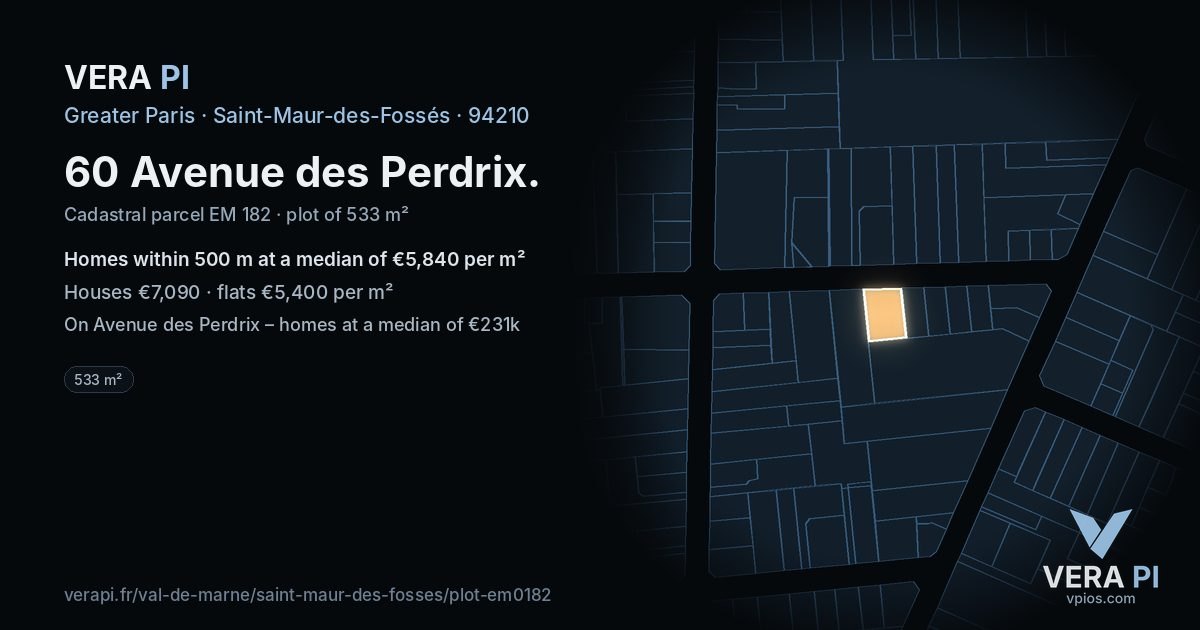60 Avenue des Perdrix, Saint-Maur-des-Fossés at night – the plot lit, the parcels around coloured by the prices near them