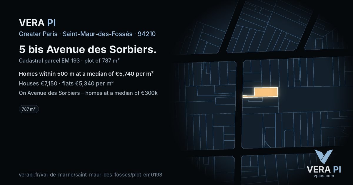 5 bis Avenue des Sorbiers, Saint-Maur-des-Fossés at night – the plot lit, the parcels around coloured by the prices near them