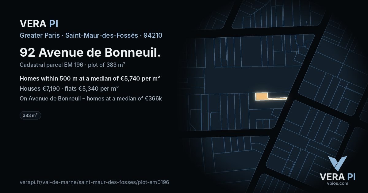 92 Avenue de Bonneuil, Saint-Maur-des-Fossés at night – the plot lit, the parcels around coloured by the prices near them