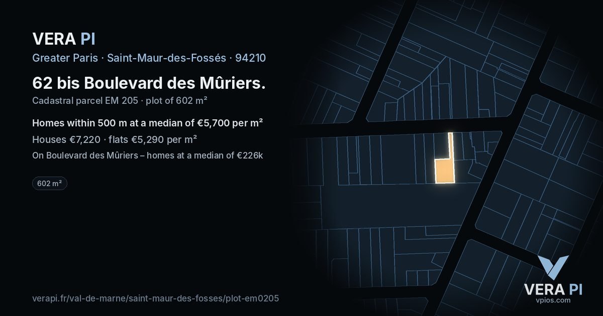 62 bis Boulevard des Mûriers, Saint-Maur-des-Fossés at night – the plot lit, the parcels around coloured by the prices near them