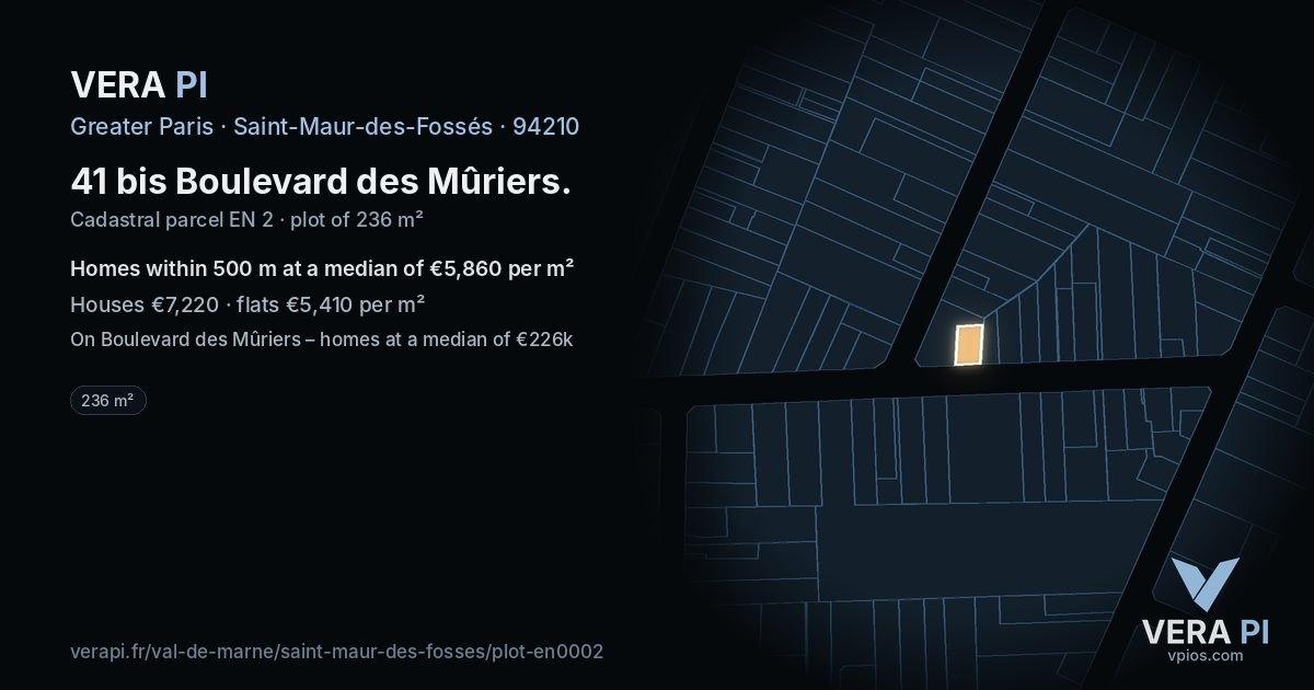 41 bis Boulevard des Mûriers, Saint-Maur-des-Fossés at night – the plot lit, the parcels around coloured by the prices near them