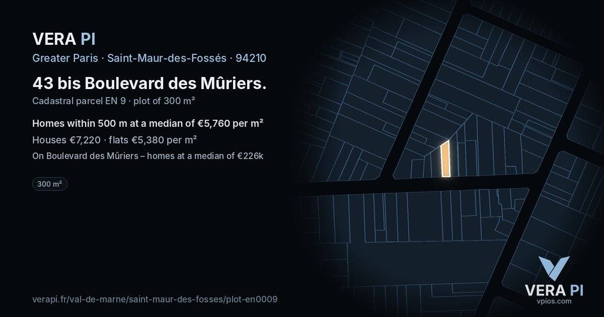 43 bis Boulevard des Mûriers, Saint-Maur-des-Fossés at night – the plot lit, the parcels around coloured by the prices near them