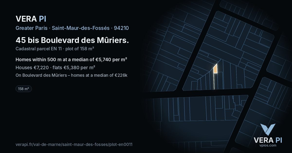 45 bis Boulevard des Mûriers, Saint-Maur-des-Fossés at night – the plot lit, the parcels around coloured by the prices near them