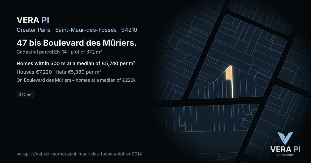 47 bis Boulevard des Mûriers, Saint-Maur-des-Fossés at night – the plot lit, the parcels around coloured by the prices near them