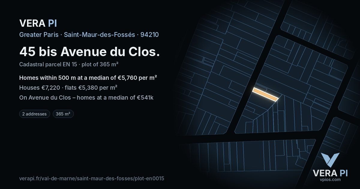 45 bis Avenue du Clos, Saint-Maur-des-Fossés at night – the plot lit, the parcels around coloured by the prices near them