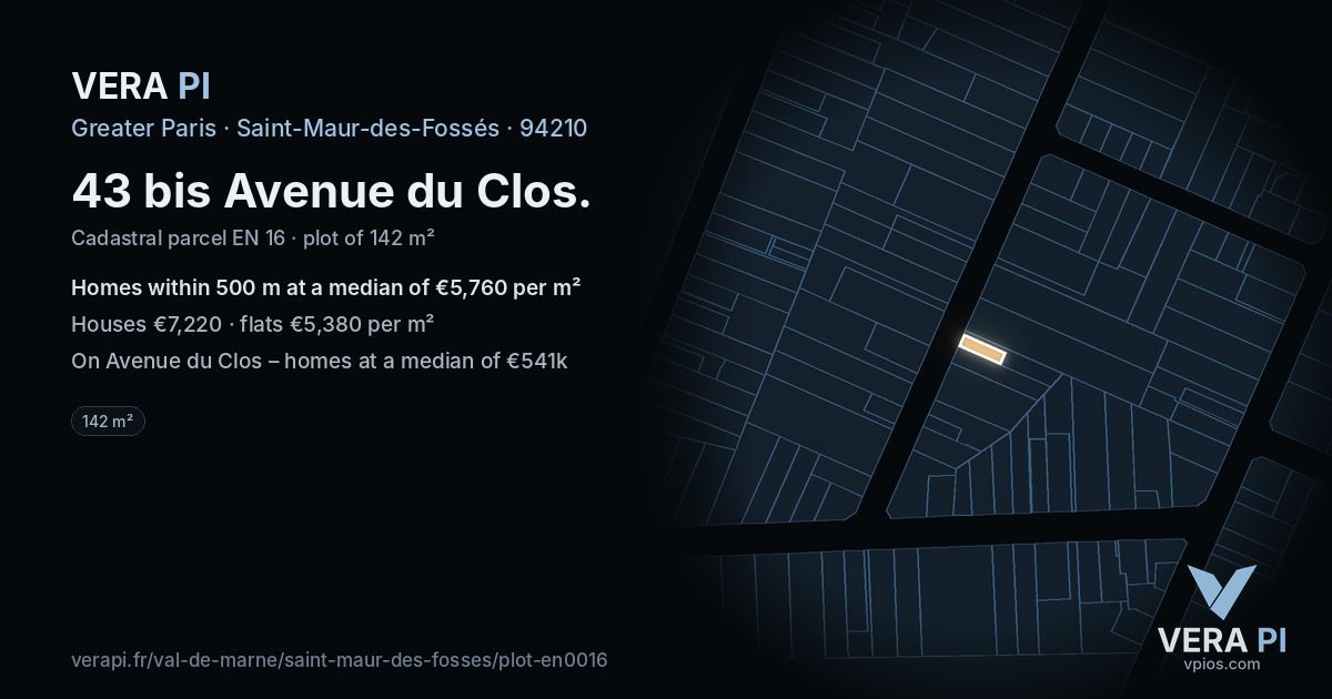 43 bis Avenue du Clos, Saint-Maur-des-Fossés at night – the plot lit, the parcels around coloured by the prices near them