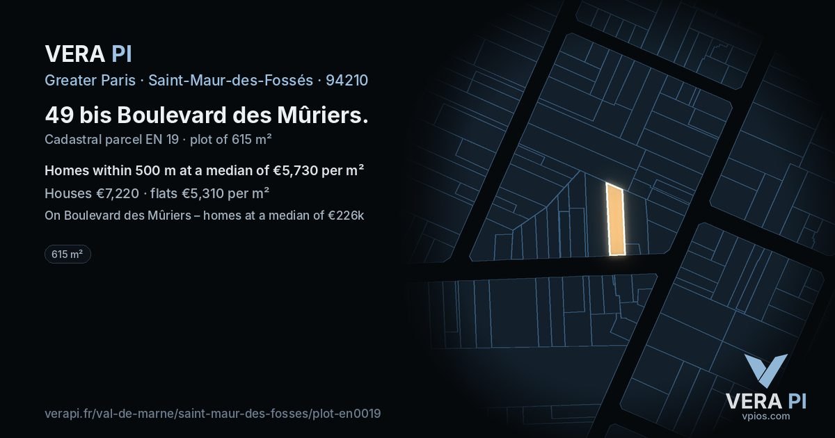 49 bis Boulevard des Mûriers, Saint-Maur-des-Fossés at night – the plot lit, the parcels around coloured by the prices near them