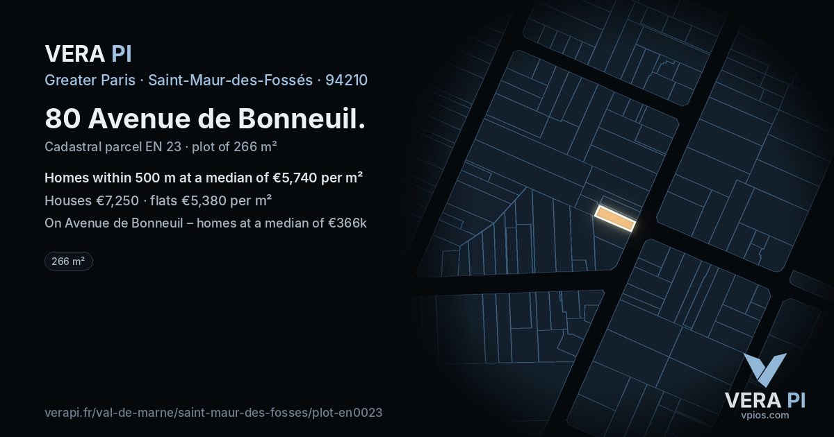 80 Avenue de Bonneuil, Saint-Maur-des-Fossés at night – the plot lit, the parcels around coloured by the prices near them