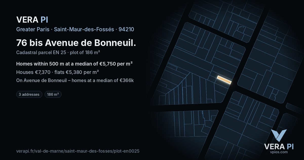 76 bis Avenue de Bonneuil, Saint-Maur-des-Fossés at night – the plot lit, the parcels around coloured by the prices near them
