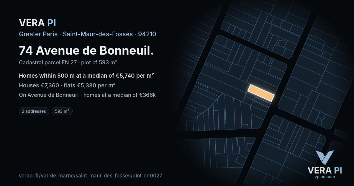 74 Avenue de Bonneuil, Saint-Maur-des-Fossés at night – the plot lit, the parcels around coloured by the prices near them
