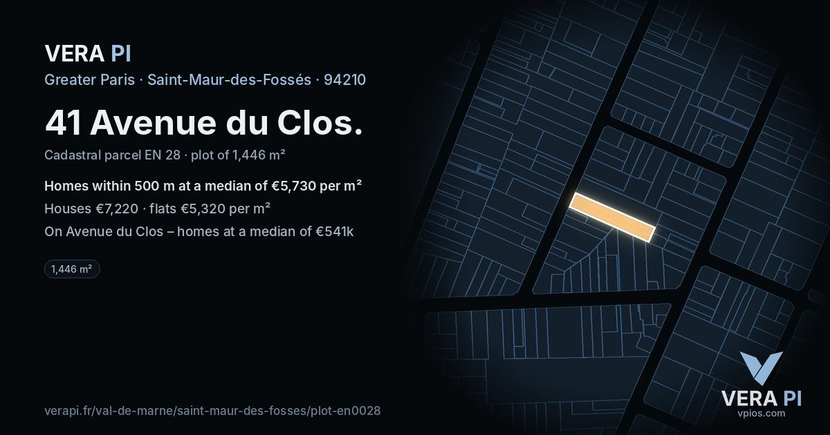 41 Avenue du Clos, Saint-Maur-des-Fossés at night – the plot lit, the parcels around coloured by the prices near them