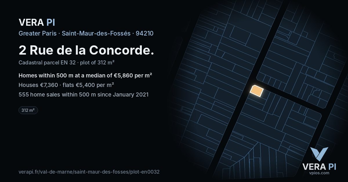2 Rue de la Concorde, Saint-Maur-des-Fossés at night – the plot lit, the parcels around coloured by the prices near them