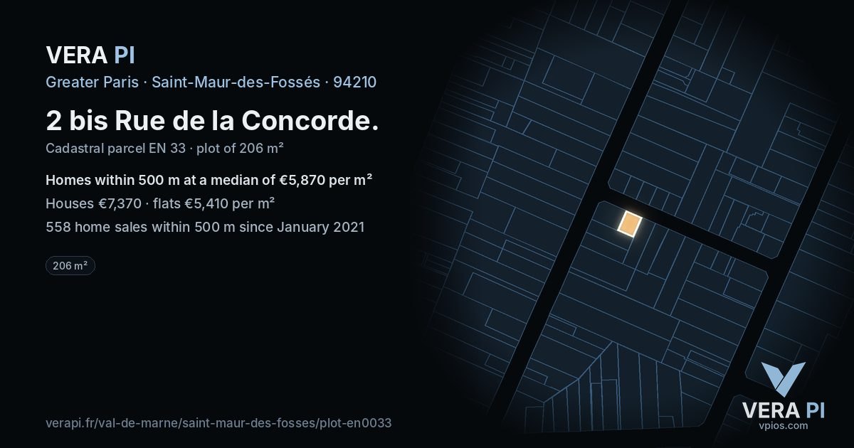 2 bis Rue de la Concorde, Saint-Maur-des-Fossés at night – the plot lit, the parcels around coloured by the prices near them
