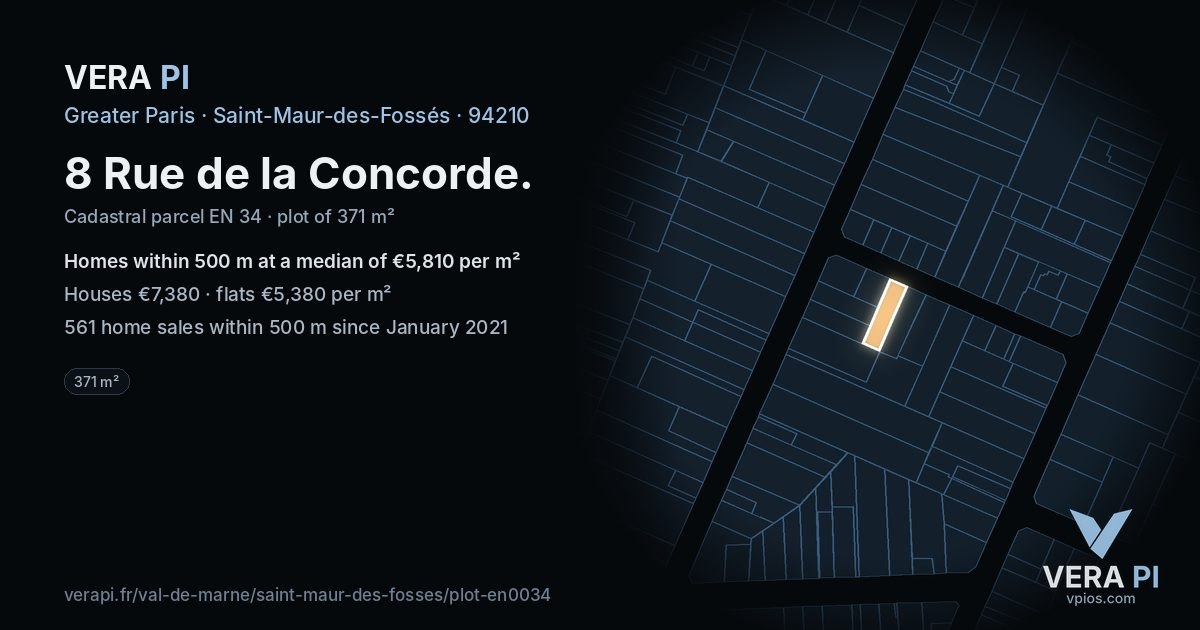8 Rue de la Concorde, Saint-Maur-des-Fossés at night – the plot lit, the parcels around coloured by the prices near them