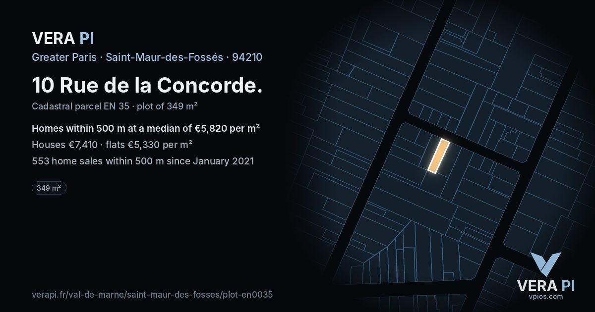 10 Rue de la Concorde, Saint-Maur-des-Fossés at night – the plot lit, the parcels around coloured by the prices near them