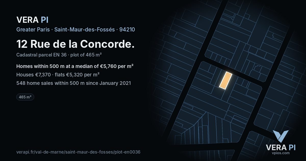 12 Rue de la Concorde, Saint-Maur-des-Fossés at night – the plot lit, the parcels around coloured by the prices near them