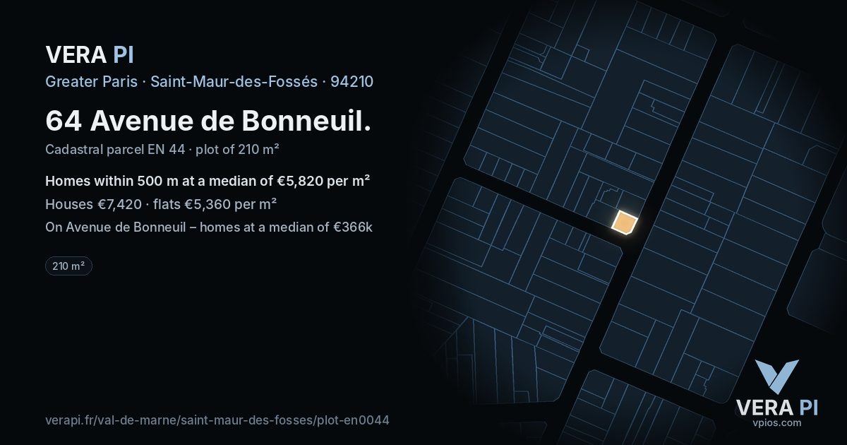 64 Avenue de Bonneuil, Saint-Maur-des-Fossés at night – the plot lit, the parcels around coloured by the prices near them