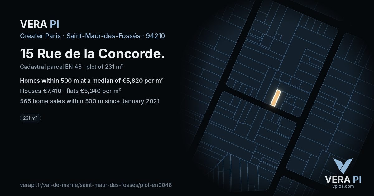 15 Rue de la Concorde, Saint-Maur-des-Fossés at night – the plot lit, the parcels around coloured by the prices near them