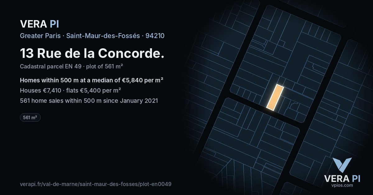13 Rue de la Concorde, Saint-Maur-des-Fossés at night – the plot lit, the parcels around coloured by the prices near them