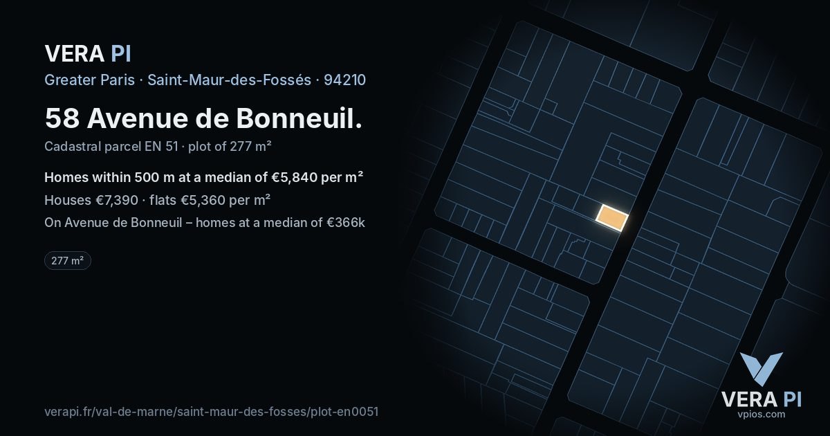 58 Avenue de Bonneuil, Saint-Maur-des-Fossés at night – the plot lit, the parcels around coloured by the prices near them