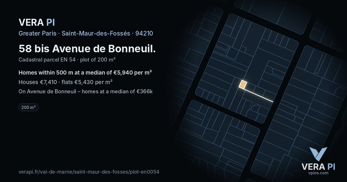 58 bis Avenue de Bonneuil, Saint-Maur-des-Fossés at night – the plot lit, the parcels around coloured by the prices near them