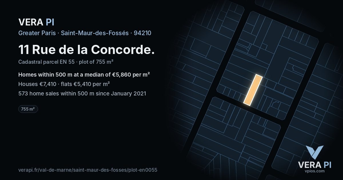 11 Rue de la Concorde, Saint-Maur-des-Fossés at night – the plot lit, the parcels around coloured by the prices near them