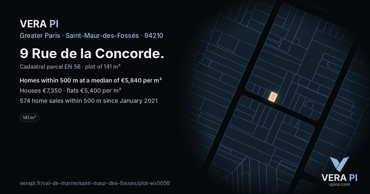9 Rue de la Concorde, Saint-Maur-des-Fossés at night – the plot lit, the parcels around coloured by the prices near them