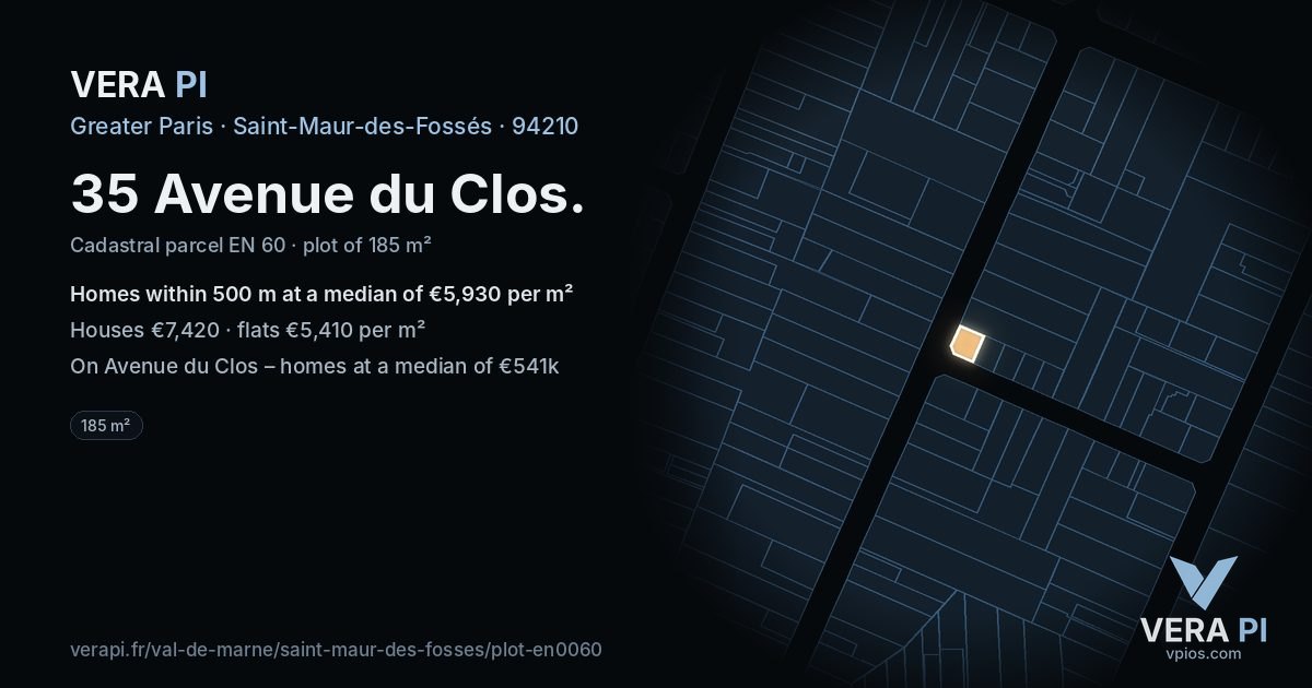 35 Avenue du Clos, Saint-Maur-des-Fossés at night – the plot lit, the parcels around coloured by the prices near them