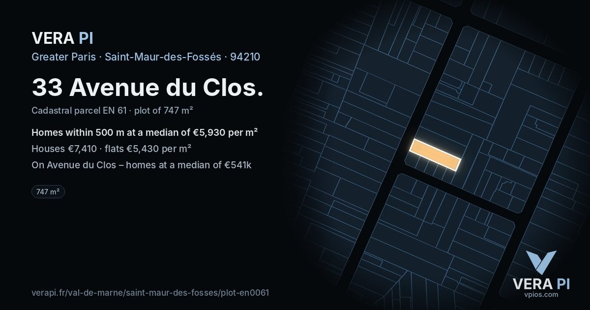 33 Avenue du Clos, Saint-Maur-des-Fossés at night – the plot lit, the parcels around coloured by the prices near them