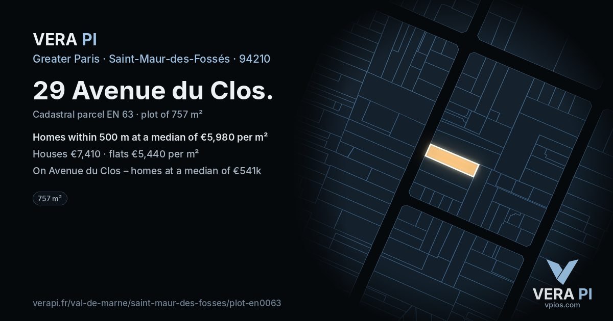 29 Avenue du Clos, Saint-Maur-des-Fossés at night – the plot lit, the parcels around coloured by the prices near them