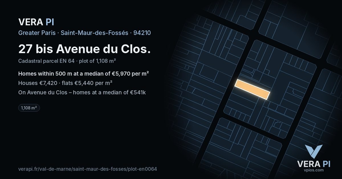 27 bis Avenue du Clos, Saint-Maur-des-Fossés at night – the plot lit, the parcels around coloured by the prices near them