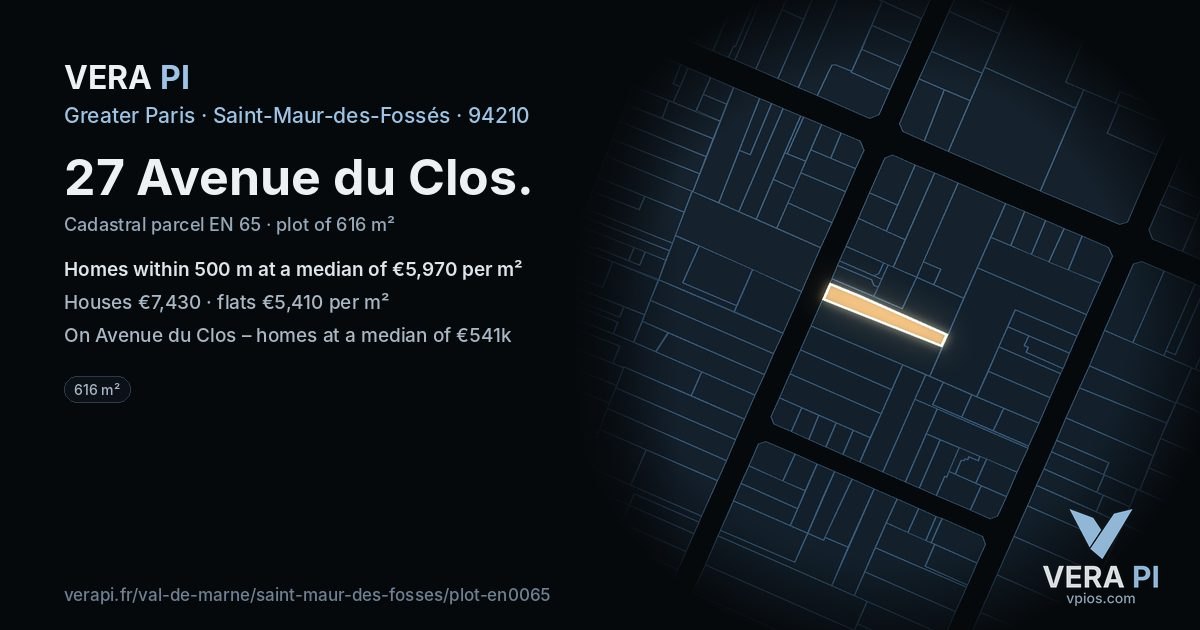 27 Avenue du Clos, Saint-Maur-des-Fossés at night – the plot lit, the parcels around coloured by the prices near them