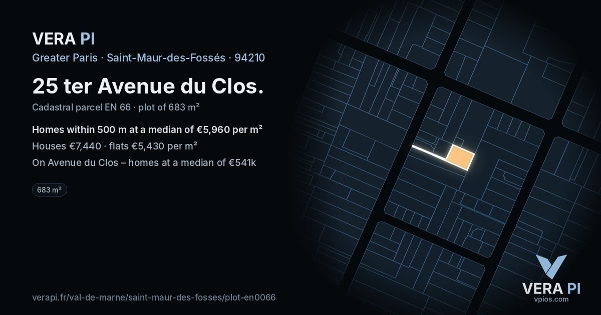 25 ter Avenue du Clos, Saint-Maur-des-Fossés at night – the plot lit, the parcels around coloured by the prices near them