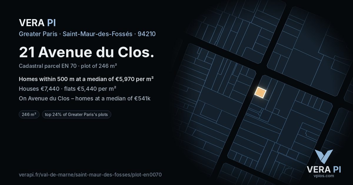 21 Avenue du Clos, Saint-Maur-des-Fossés at night – the plot lit, the parcels around coloured by the prices near them
